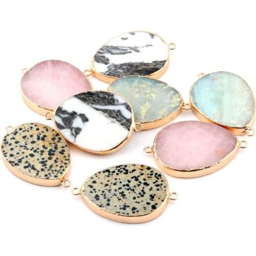 Rose quartzs egg-shaped gold-plated semi-precious stone connector for jewelry making temperament accessories size 55x35x6mm