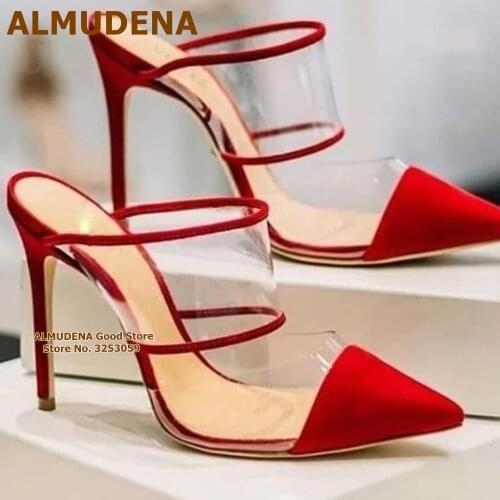 ALMUDENA Luxury Red Velvet High Heel Shoes Pointed Toe Clear Transparent PVC Patchwork Slippers Magnifique Bridal Pumps Size46