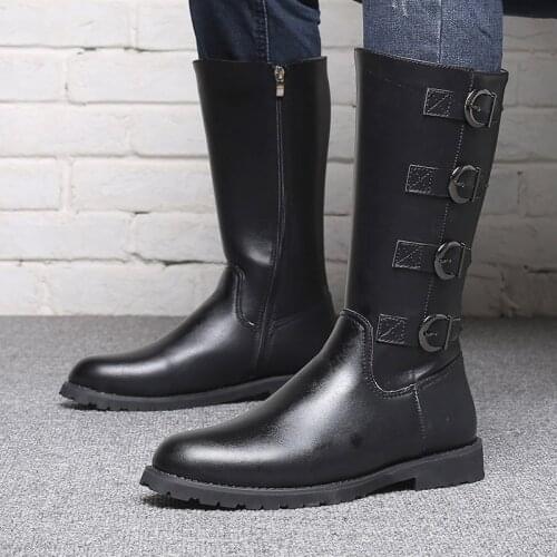 Punk Style High Top Long Mens Boots New 2021 Plus Size 45 Men Black Zipper Outdoor Shoes Tooling Military Boots