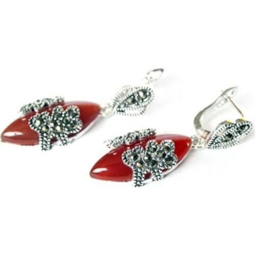 Hot Sell VINTAGE NATURAL RED MARCASITE 925 STERLING SILVER DANGLE EARRINGS