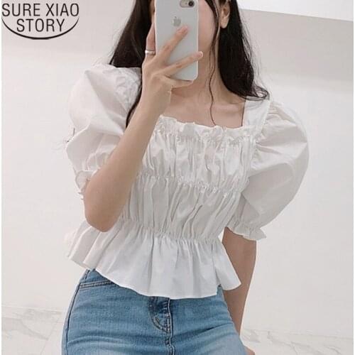 Women Summer Shirt Female Korean Women Blouse Sweet Puff Short Sleeve Square Collar Pleated Blouse Solid Slim Tops Blusas 14439