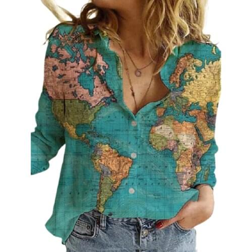 Fashion Green Map Printed Shirt Women Casual Lapel Long Sleeve Single Breasted Blouse For 2021 New Autumn Lady Oversize Tops 3XL