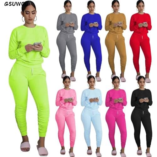 Gsuwoo Women Autumn Homewear Two Piece Set Solid Long Sleeve Crop Tops T-shirt Legging Sweatpants Outfit Sport Jogger Tracksuit