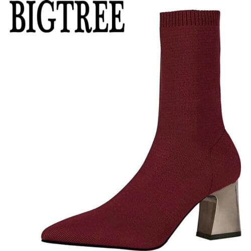 BIGTREE Women Boots Pointed Toe Yarn Elastic Ankle Boot Thick Heel High Heels Shoes Woman Female Autumn Sexy Socks Boots Size 40