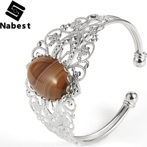 Women Natural Coffee Onyx Labradorite Oval Gem Stone Open Bangle Green Tanglin Lapis Lazuli Charm Hollow Flower Bracelet Jewelry