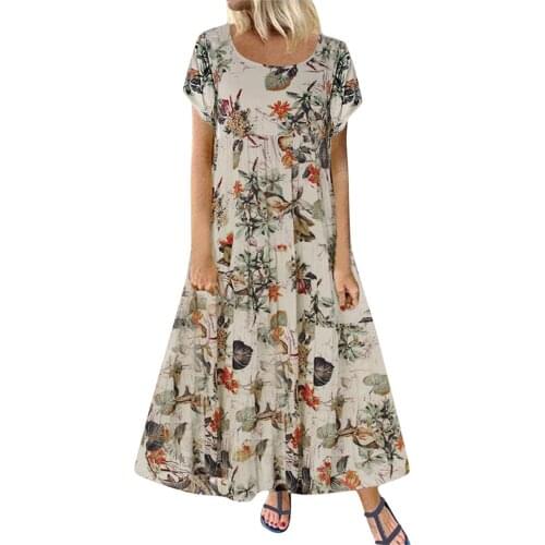 Vintage Cotton And Linen Long Maxi Dresses For Women 2021 Boho Floral Print Short Sleeve O Neck Summer Dress Платье Летнее Robe