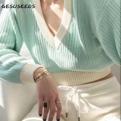 Knit sweater women 2020 long sleeve pullover korean v neck sweater vintage patchwork sweater green fall pullover streetwear