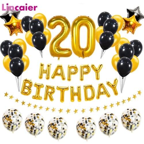 38pcs Number 20 Gold Black Balloons 20th Happy Birthday Party Decorations Adult 20 Years Old Man Woman Supplies Anniversary