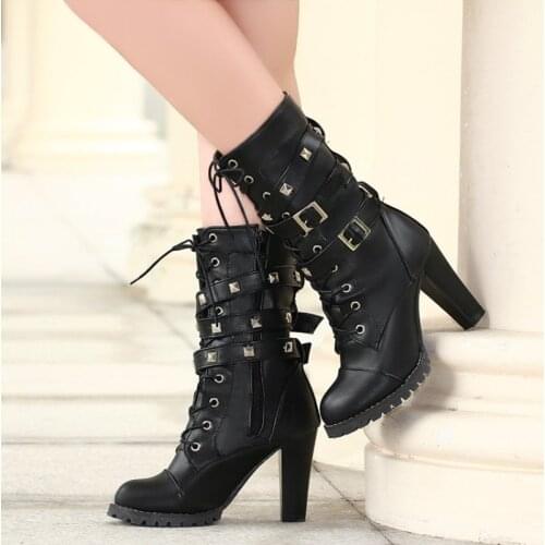Ochanmeb Punk Studs Boots Women Rock Rivets Studded Boots High Heels Black Red Yellow White Buckle Strap Booties Woman Shoes 48
