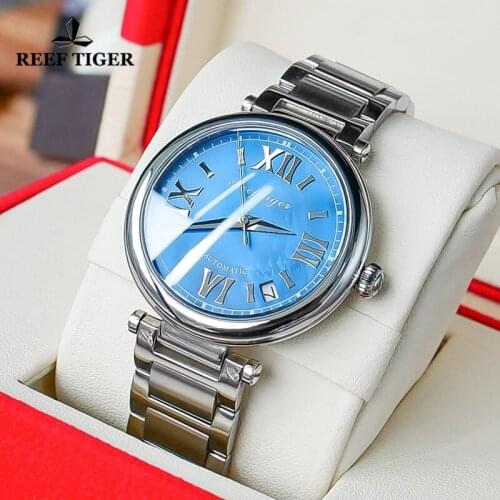 Reef Tiger/RT Simple Fashion Women Automatic Mechanical Watch Steel Ladies Bracelet Watches Date Sapphire Glass Watch