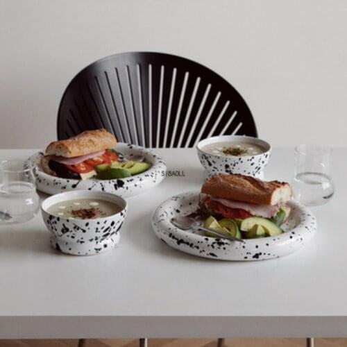 Home Ceramic Bowl Nordic Creative Round Bowl Plate Cute Breakfast Tableware Salad Bowl Black and White Ceramic Salad Bowl