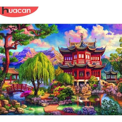 HUACAN Full Square/Round Diamond Painting Ancient Building Diamond Mosaic Landscape Cross Stitch Handcraft