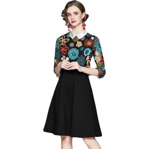 LUKAXSIKAX 2020 New Spring Autumn Women Elegant Slim Mini Dress High Quality Flowers Embroidery Patchwork Runway Dress