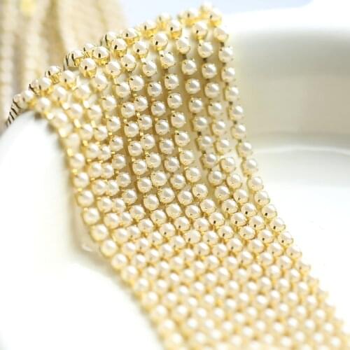 New Pearl chain 10yards/bag Crystal Glass 2mm 3mm Golden Base Cup Close Rhinestone Chain Apparel Sewing Style diy Ac