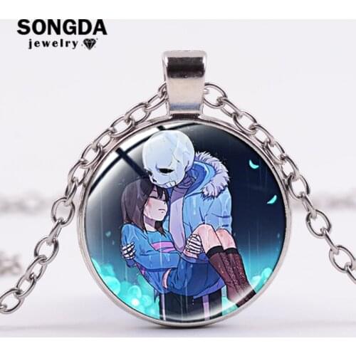 SONGDA Newest Undertale Necklace Cute Sans Papyrus Frisk Long Necklace Cartoon Pattern Glass Dome Pendant Handmade Jewelry Gifts