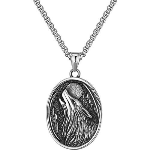 Stainless Steel Wolf Head Roar Oval Pendant Necklace Fashion Punk Rock Jewelry Gift For Him with Chain