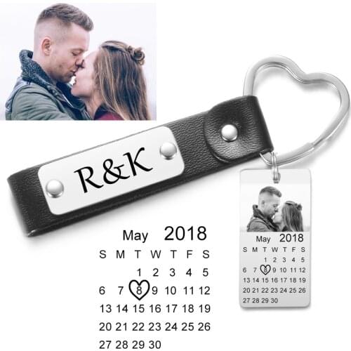 Personalized Photo Engraved Letters Calendar Keychain Love Heart Key Ring Date Gift Stainless Steel Souvenir Keychain SL-152