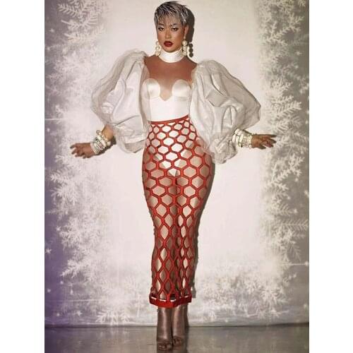 Puff Sleeves Birthday Dress Stage Costumes For Women Singer Sexy Hollow Out Evening Party Prom Wear Festival Bar Gogo Clothing