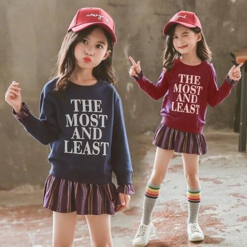 Girls Long Sleeve Sweater Dress Spring Fall Childrens Spliced Pleated Dresses Clothes Kids Students Cheerleading Costumes B242