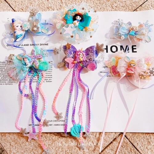Princess Glitter Tassel Hair Bows Clips Mermaid Party Hairpin Girls Barettes Mesh Hair Grip Headwear Accessories for Kids