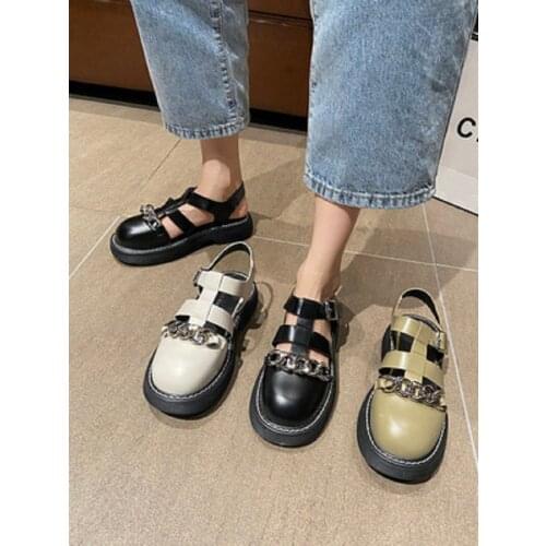 Large Size 35-40 British Style Metal Chain Trend Flat Bottom Solid Color Hollow Baotou Ladies Sandals Summer New Style