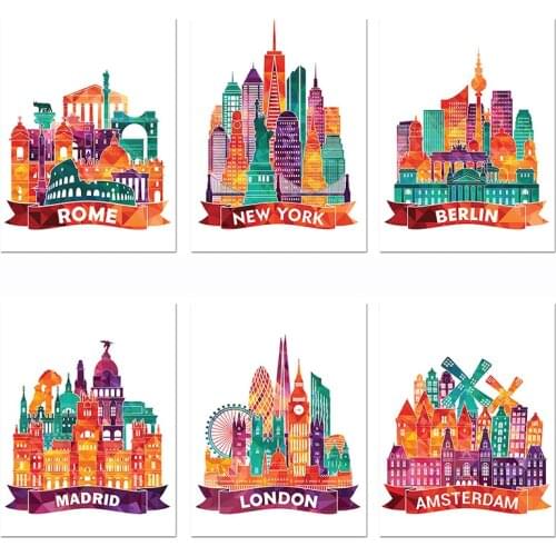 Nordic Watercolor City Building Diamond Painting Art Colorful Amsterdam London New York Mosaic Diamond Embroidery Wall Decor