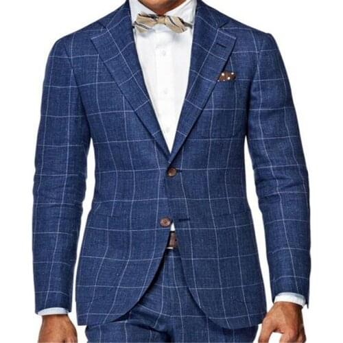 Navy Blue MenS Slim Fit Suit Wardrobe Essentials Tailor Made Windowpane Check Suits For Men,Elegant Business Suit Jacket +pant