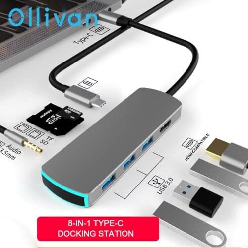 USB Type-C Docking Station HUB HDMI-Compatible Adapter 8 in 1 USB 3.0 Dock RJ45 USB SD/TF Card Reader PD Fast Charge Splitter