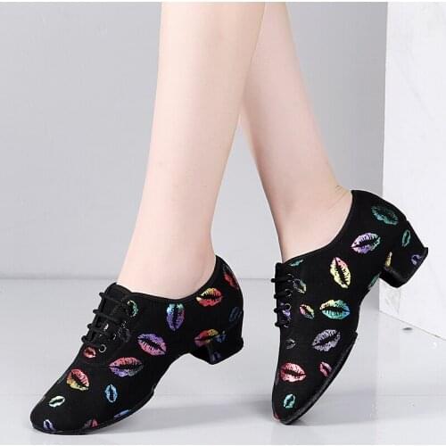 USHINE EU26-40 Black Color Lips Ballroom Dancing Shoes Latin American Rhinestones Ballet BD Latin Shoes Children Girls Woman
