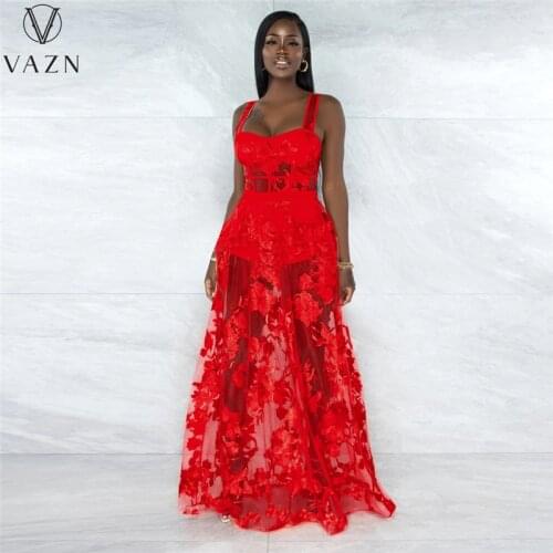 VAZN 2021 Top Quality Red White Color Lace Up Hollow Out Solid Holiday Young Sleeveless Maxi Skirts Women 2 Piece Set