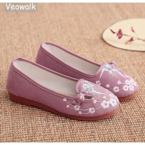 Veowalk Women Jacquard Cotton Embroidered Flat Shoes with Soft Foldable Bottoms Vintage Ladies Comfortable Walking Driving Flats