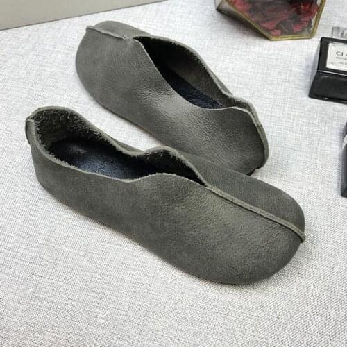 Vintage Round Toe Genuine Cow leather Womens Loafers Fashion Handmade Moccasins Soft Leather Black Slip On Womens Boat Shoe