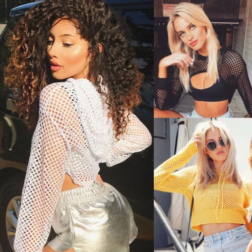 Women Sheer Mesh Fish Net Long Sleeve Hooded Bust Crop Top T Shirt Blouse Hoodie
