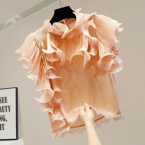 Sleeveless Blouse Women Sweet Pleated Three-Dimensional Ruffled Lace Stand Collar Short Temperament Chiffon Shirt Lady Top Blusa