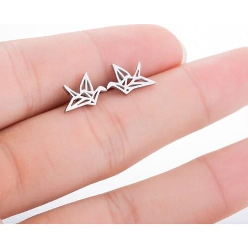 Hfarich Japanese Fashion Style Dainty Origami Stainless Steel Smooth Crane Bird Ear Studs Earrings for Women Girls wholesale