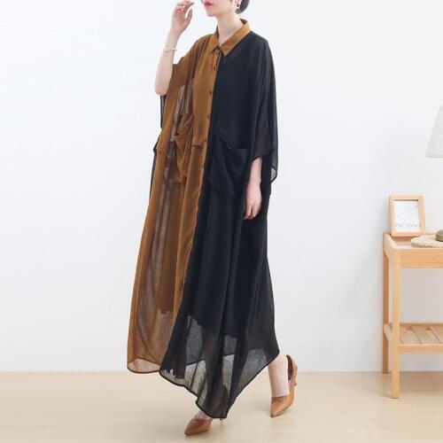 Johnature Women Polyester Dress Solid Color Stitching O-Neck Long Sleeve Shirt Dress 2021 Summer New Button Dress