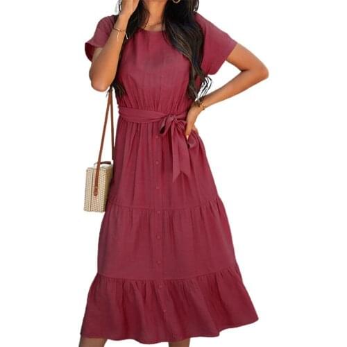 Summer Women Dress Short Sleeve Ruffle Hem Long Length Ladies Solid Color Casual Dress for Outdoor Casual Loose Beach Dresses
