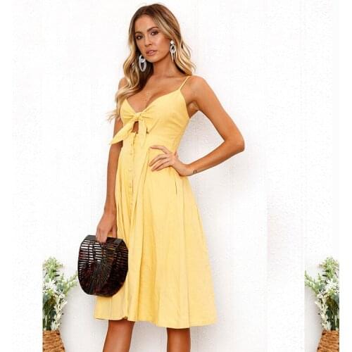 BYUAN Fashion Women Dress Sexy Backless Spaghetti Strap Dress Women 2018 Summer Buttons Bow Beach Dress Ladies Dresses 8 Colors