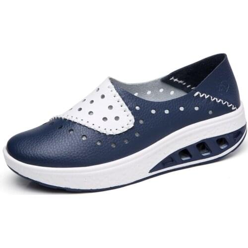 2020 Spring Women Genuine Leather Flats Women Platform Sneakers Creepers Cutouts Slip On Flats Moccasins Shoes Woman