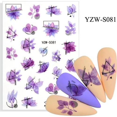 3D Nail Sticker Purple Watercolor Lotus Leaf Sliders Foil Decals Geometry Nail Art Decorations Manicure Stickers Accessories