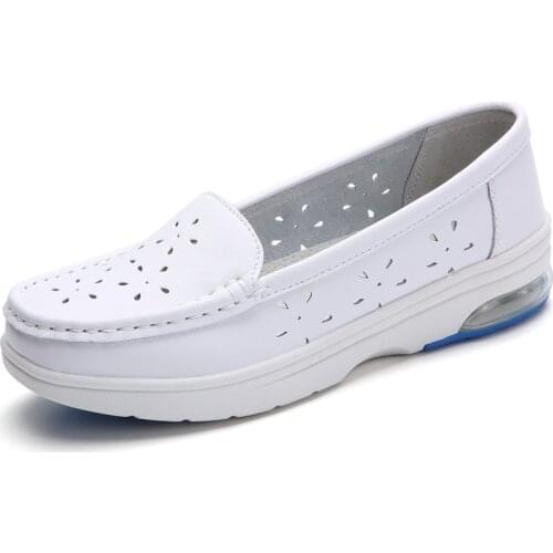 White Genuine Leather Flat Platform Shoes Round Toe Slip-on Hollow Out Thick Nurse Shoe Breathable Casual Loafers Chunky Flats