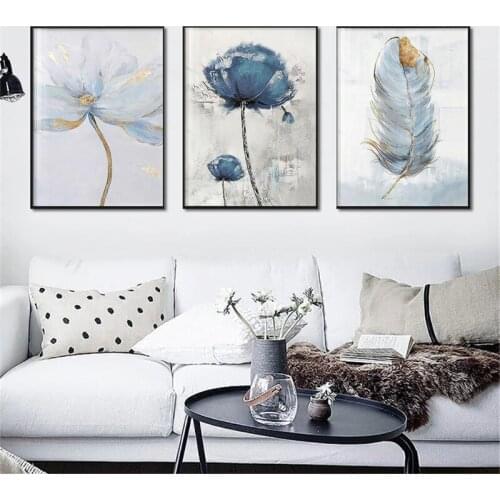 Noble and Elegant Blue Flower Canvas Art Abstract Painting Print Feather Decoration Picture for Living Room Nordic Home Decor