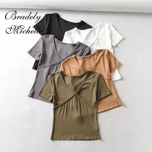 BRADELY MICHELLE Spring New Arrival Solid Colour Knitted Skinny Short-Sleeved Sweater with Cross-Chest Pattern Crop Tops Tees