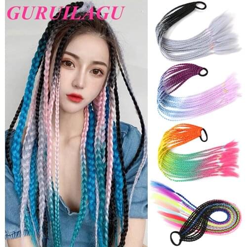 Colored Rainbow Ponytail Hair Extensions False Overhead Tail With Rubber Elastic Band Braiding Hairpiece Pigtail Synthetic Braid