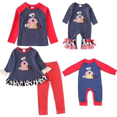 Girlymax Baby Girls Boys Top T-shirt Farm Chick Cow Plaid Romper Toddler Pants Set Boutique Cotton Family Look Kids Clothing