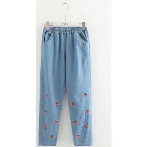 Japanese Kawaii Denim Pants Teen Girls Harajuku Cute Strawberry Embroidery Jeans Pants Elastic High Waist Autumn Denim Pants