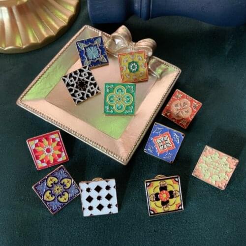 European, American and Moroccan enamel square Brooch