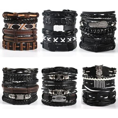 European&American Set Bracelet Woven Owl Wings Leather Bracelet Punk Mens Combination DIY Multi-Layer Bracelet Charm Bracelet