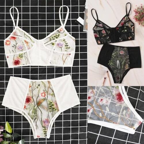 Women Fashion Bra Set Underwear V-neck Floral Embroidered Push Up Lace Lingerie Set White Crop Top And Panties Set #T5P