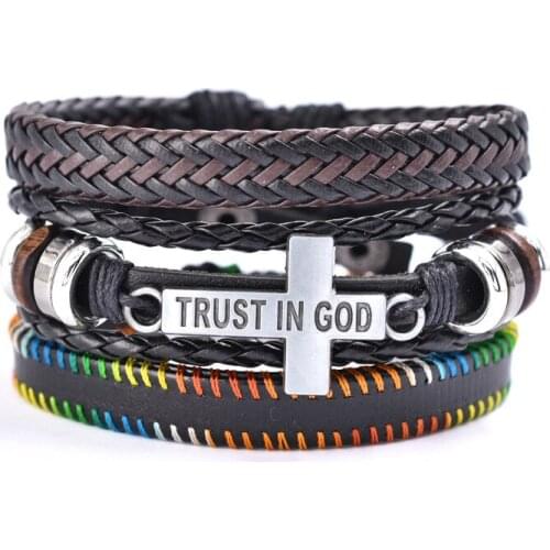 MIQIAO Leather Retro Weaven Cross Trust in God Multi Layer Bangles Wrist Band Bracelet for Women Men Lover Friends Lucky Gift Bt